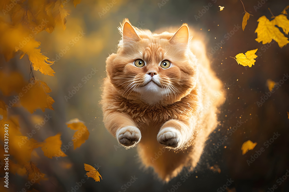 Portrait Funny red cat flying in the air in autumn photography made with Generative AI