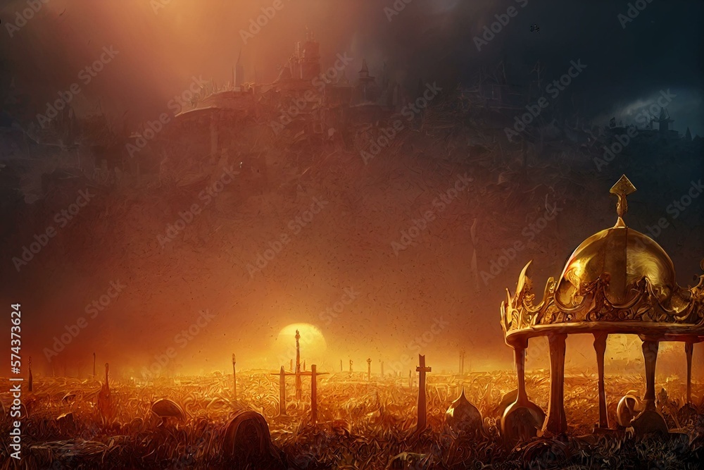 Golden royal crown on ground with graveyard. Fallen queen and king ...