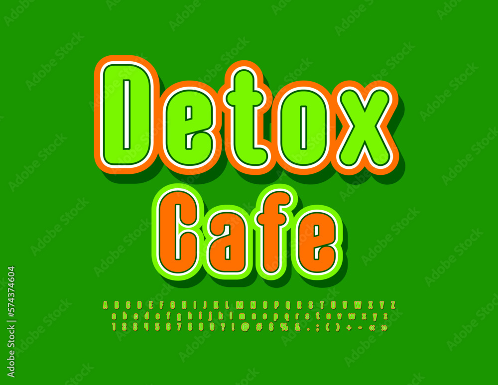 Naklejka premium Vector creative Emblem Detox Cafe. Green and Red bright Font. Artistic Alphabet Letters, Numbers and Symbols set.