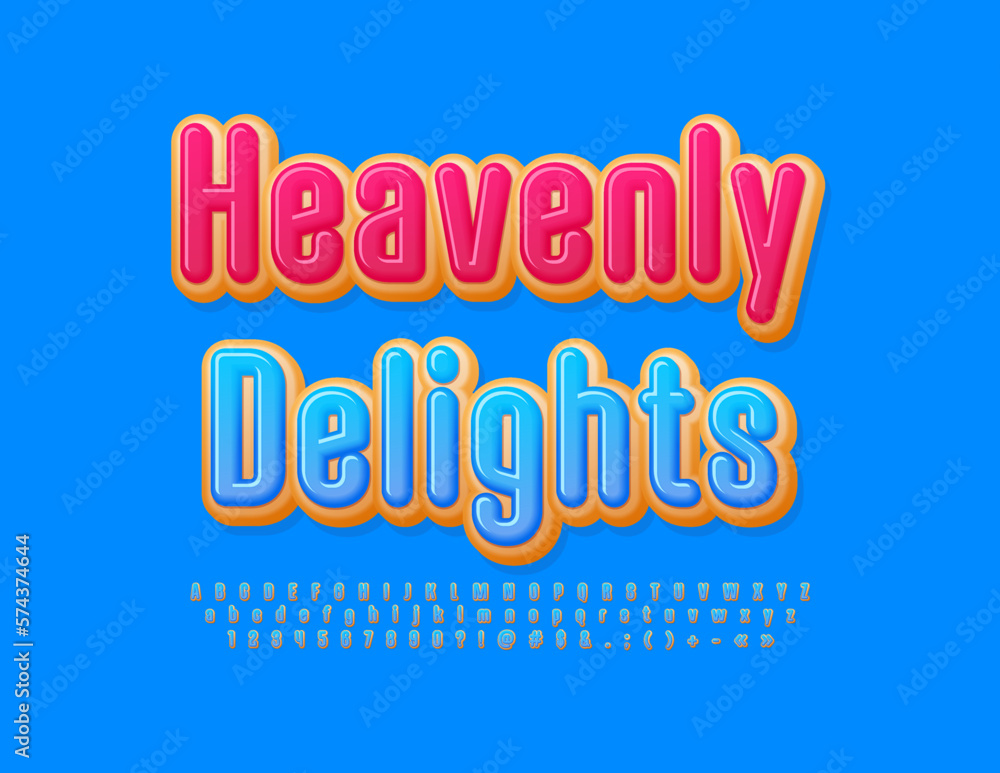 Vector advertising sign Heavenly Delights. Sweet Donut Font. Blue icing