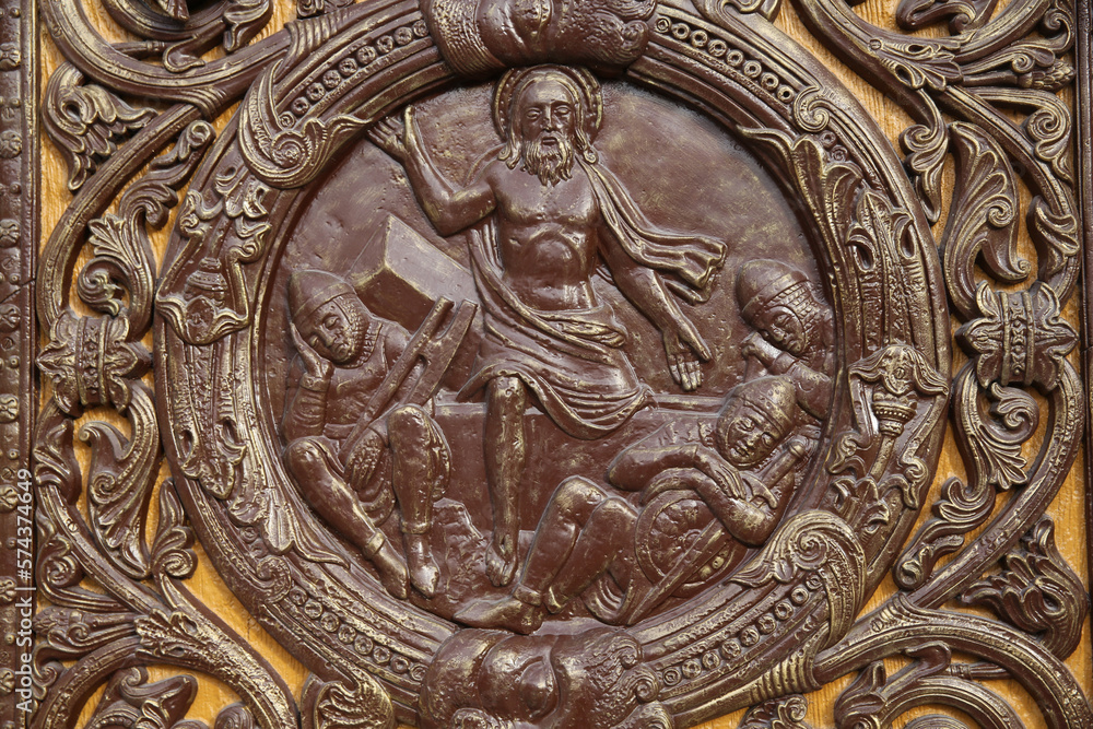 Saint Denis basilica. Reliefs on the central door. Christ's resurrection. France.