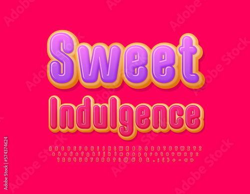 Vector creative Emblem Sweet Indulgence. Tasty Donut Font. Artistic Alphabet letters, Numbers and Symbols set.