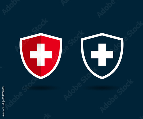 Medical shield with red cross. Protected guard shield icon symbol. Medical guard shield icon symbols