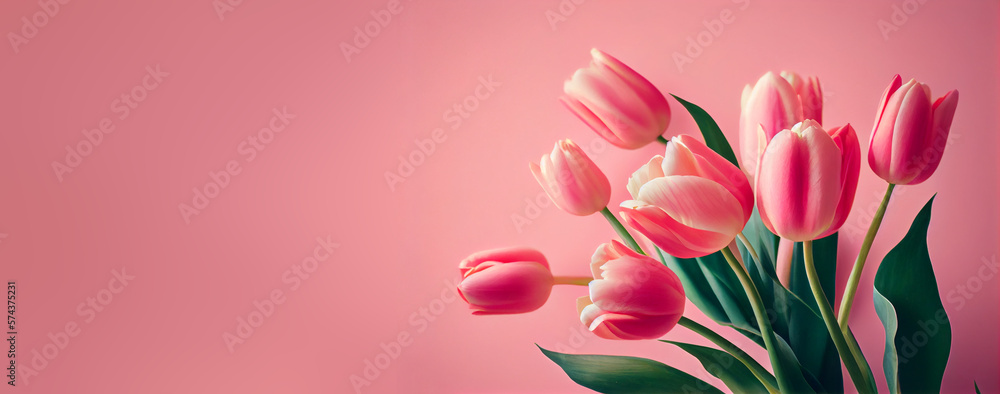 Fototapeta premium Spring tulip flowers on pink background top view in flat lay style. Greeting for Womens or Mothers Day or Spring Sale Banner. Generative Ai.