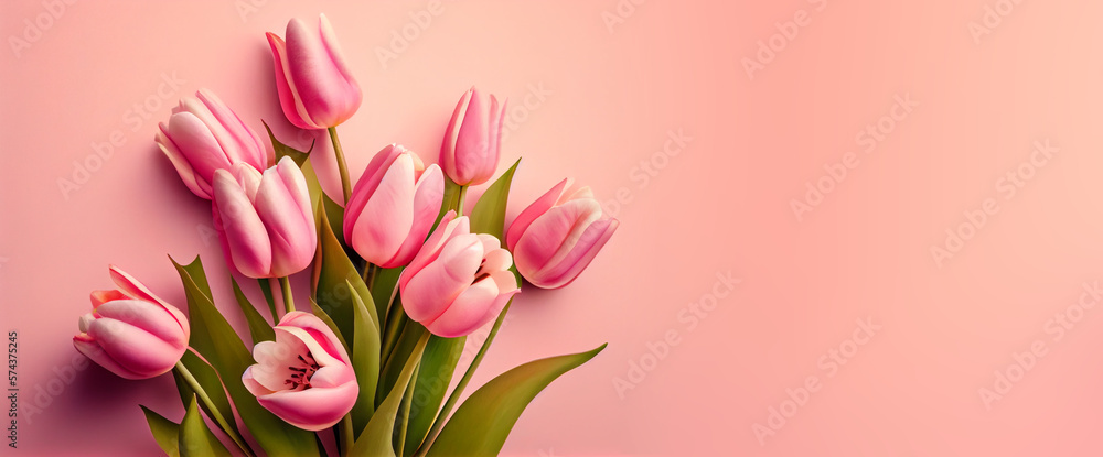 Spring tulip flowers on pink background top view in flat lay style. Greeting for Womens or Mothers Day or Spring Sale Banner. Generative Ai. Spring tulip flowers on pink background top view in flat lay style. Greeting for Womens or Mothers Day or Spring Sale Banner. Generative Ai.