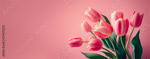 Spring tulip flowers on pink background top view in flat lay style. Greeting for Womens or Mothers Day or Spring Sale Banner. Generative Ai. #574375231