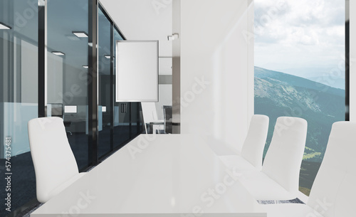 Open space office interior with like conference room. Mockup. 3D rendering.. Mockup. Empty paintings