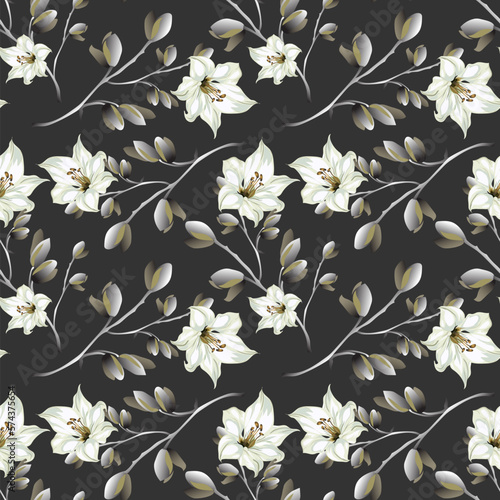 Seamless pattern with lily flowers  leaves  branches on dark background