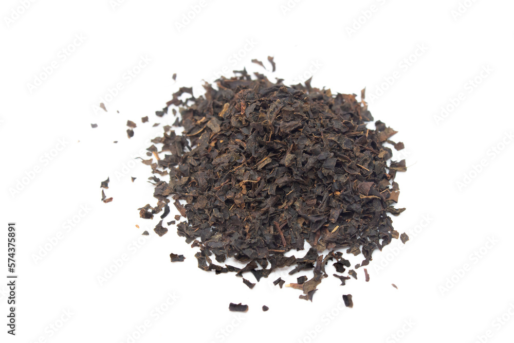 Pile of dried Turkish tea isolated on a white background. Top view, flat lay. Pile of dried Turkish tea isolated on a white background. Top view, flat lay.