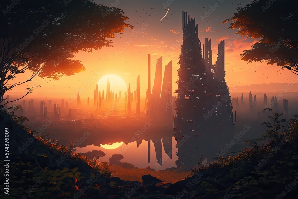Futuristic Cyberpunk, sunset, fantasy city in background, nature, forest, lush, fun, hyper-realistic, ultralistic, futuristic,