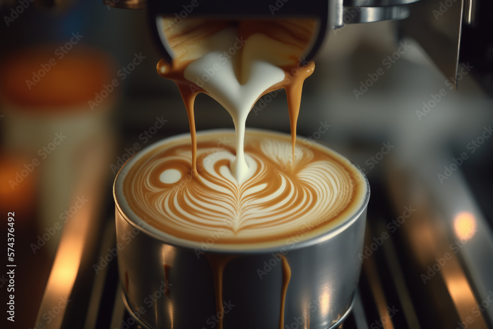 Barista pour steam milk in to coffee to make ornament pattern, latte art pouring .Generative AI Barista pour steam milk in to coffee to make ornament pattern, latte art pouring .Generative AI