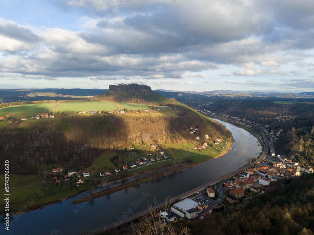 Medieval Koenigstein Fortress, located on a rocky hill above the Elbe River in Saxon Switzerland, cannon on the defensive walls, Koenigstein, Germany