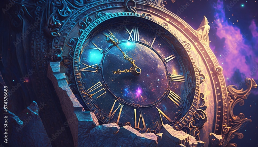 Obraz premium Time Clock in a Galactic Environment with Supernatural and Colorful Effects Generated by AI