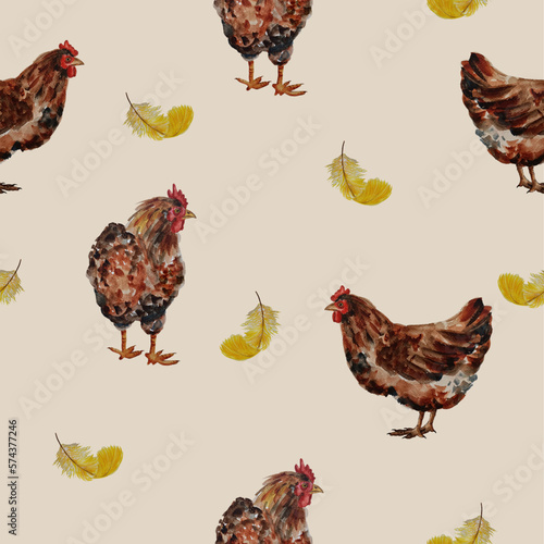Watercolor chickens and yellow feathers seamless pattern.