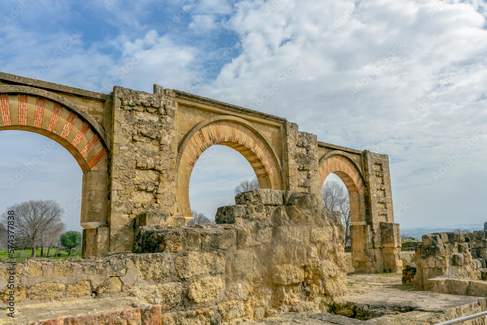 CORDOVA, SPAIN - FEBRUARY 12, 2023: The ruins of Medina Azahara, a fortified Arab Muslim medieval palace-city near Cordova, Spain on February 12, 2023