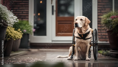 Dog with disability outdoor in front of the house, Generative AI