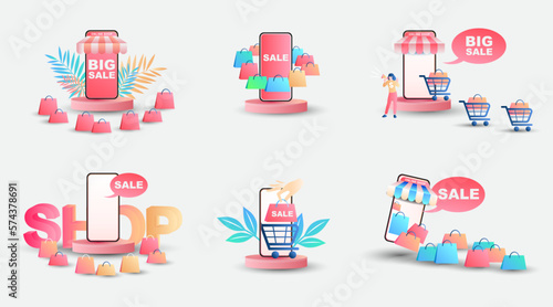 Online shopping icons set for website, application, digital marketing, sale promotion, store on screen smartphone showing icon 3d display photo