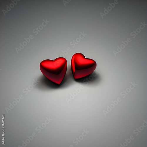 two colourful red hearts displaying love and a happy valentines. Realistic concept art. Cartoon digital painting.  Generative AI