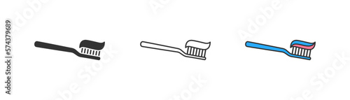 Toothbrush icon on light background. Tooth hygiene, dentist symbol. Healthcare, toothpaste, travel equipment, oral cleaning. Outline, flat and colored style. Flat design. Vector illustration.