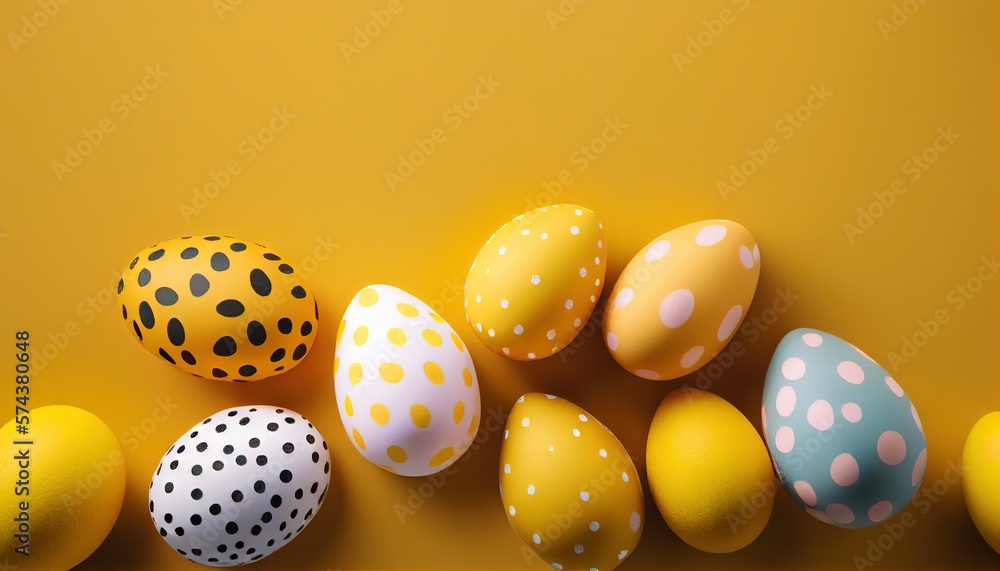 Happy Easter! Colorful Easter eggs on yellow background. Decoration concept for greetings and presents on Easter Day celebrate the time. Generative AI Happy Easter! Colorful Easter eggs on yellow background. Decoration concept for greetings and presents on Easter Day celebrate the time. Generative AI