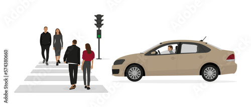 Two couples of young people are walking along a pedestrian crossing while a car with a driver is standing in front of a traffic light