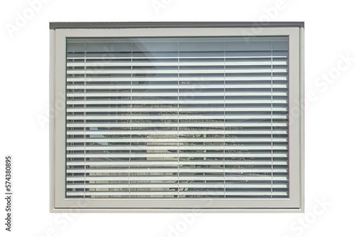 Cutout of an isolated modern grey window with a blind taken from outside with the transparent png