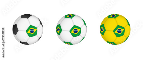 Collection football ball with the Brazil flag. Soccer equipment mockup with flag in three distinct configurations.