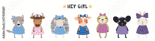 Banner, card with cute animal girls, little princesses, quote Hey girl, isolated on white. Hand drawn vector illustration. Scandinavian style flat design. Concept for kids fashion, textile print