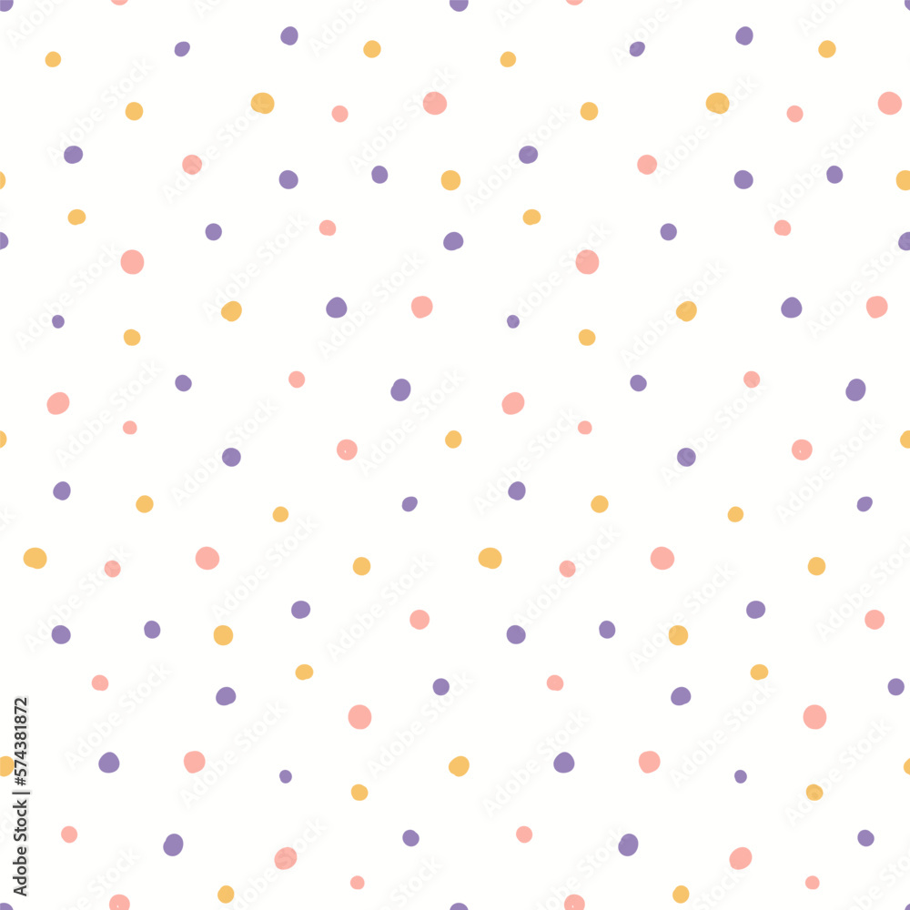 Small dots simple seamless geometric pattern, violet, pink, yellow, white background. Hand drawn vector illustration. Childish texture. Design concept for kid fashion print, textile, fabric, wallpaper Small dots simple seamless geometric pattern, violet, pink, yellow, white background. Hand drawn vector illustration. Childish texture. Design concept for kid fashion print, textile, fabric, wallpaper