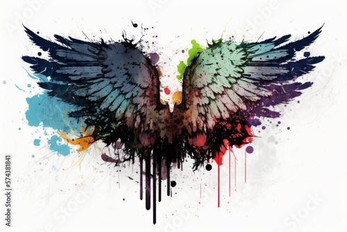 Watercolor Illustration of Grunge Style Bird Or Angel Wings With Paint and Ink Splatters And Drips in Various Colors, Isolated On White Background. Made in Part with Generative AI  © Carl & Heidi