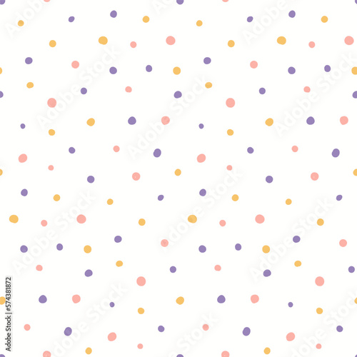 Small dots simple seamless geometric pattern, violet, pink, yellow, white background. Hand drawn vector illustration. Childish texture. Design concept for kid fashion print, textile, fabric, wallpaper