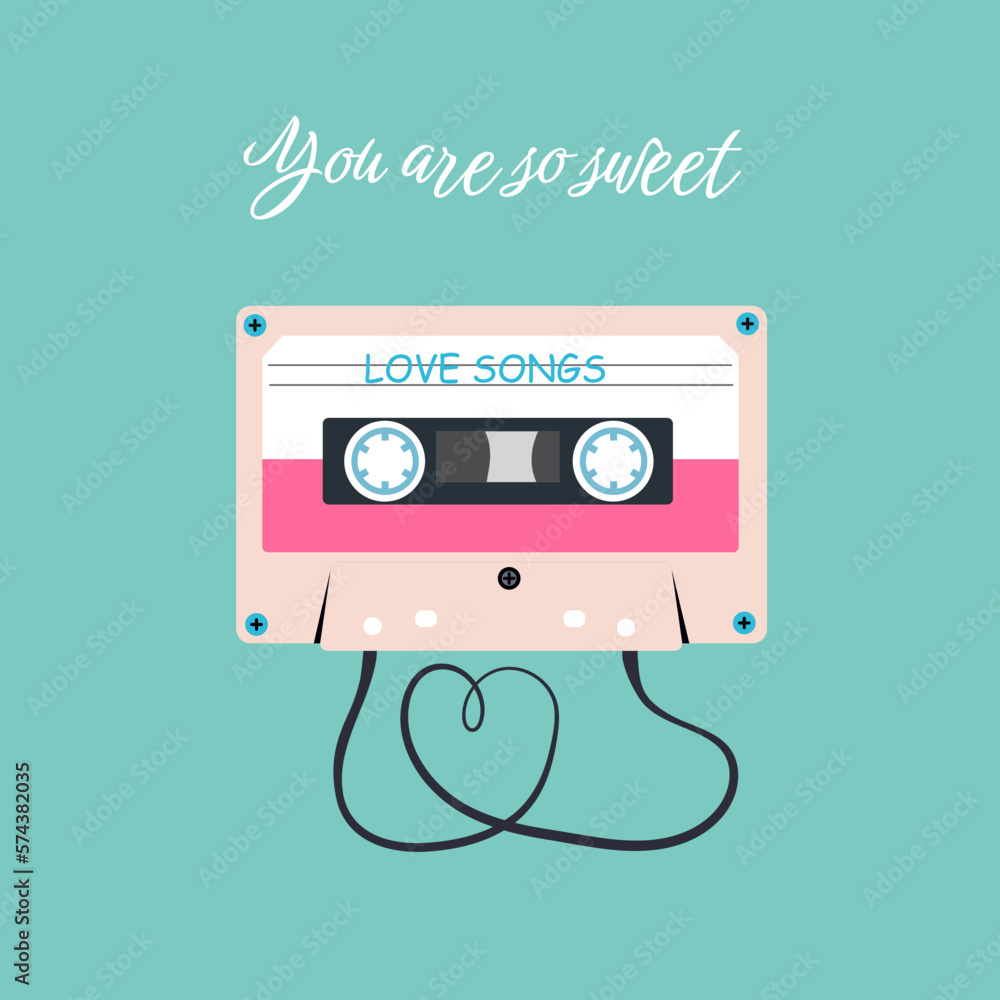 Greeting card, poster. Trendy hand drawn vector card design for web and print. Vintage 90s music tape and black ribbon with love message. Birthday, Valentine's Day, love concept.