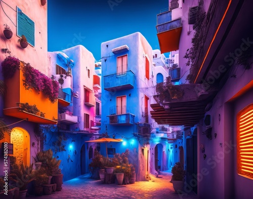 Best House Street and Building with Light Effect , Cyberpunk Santorini, Hype Realistic, HD, Trending on Attestation Background AI