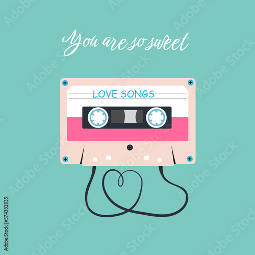 Greeting card, poster. Trendy hand drawn vector card design for web and print. Vintage 90s music tape and black ribbon with love message. Birthday, Valentine's Day, love concept.