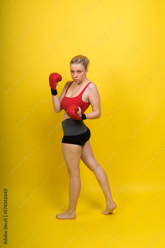 Fototapeta premium Boxer, seductive confident female boxer with gloves studio, sporty woman posing looking at camera.