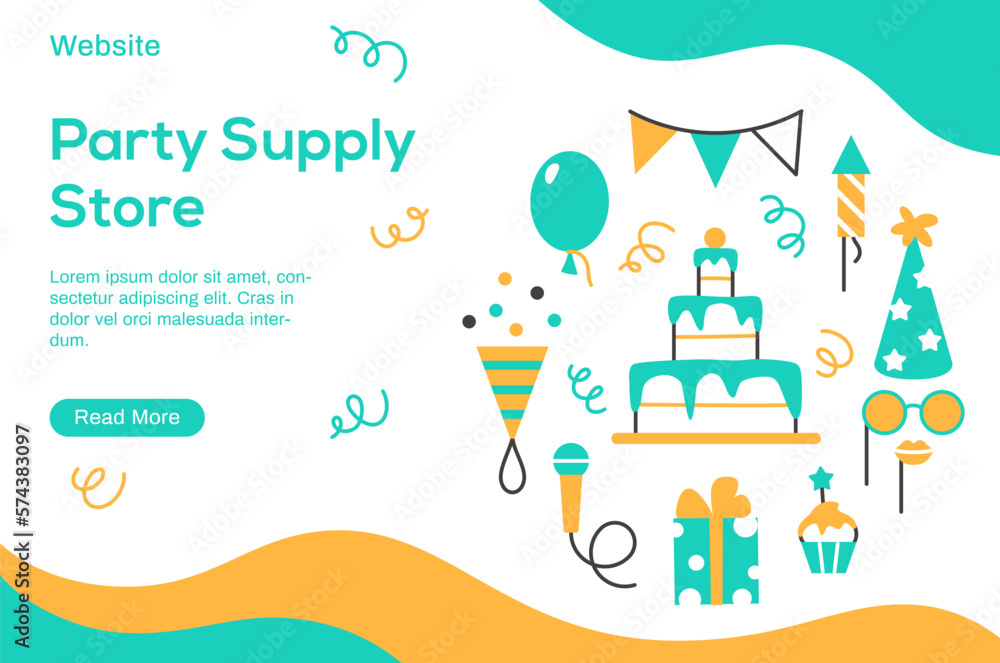 Event service website template with text space and button. Abstract Birthday party carnival festival celebration banner internet page with color flat line minimal elements vector illustration. Event service website template with text space and button. Abstract Birthday party carnival festival celebration banner internet page with color flat line minimal elements vector illustration.