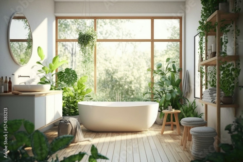 Elegant attic bathroom with bathtub. Generative AI.