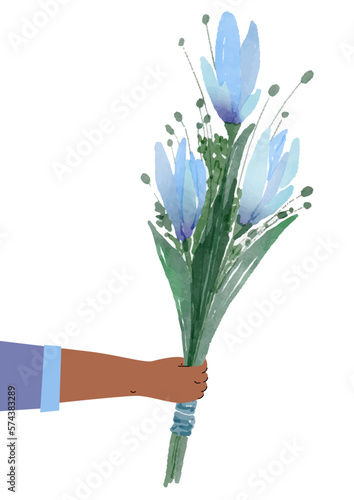 Hand holds out a bouquet of flowers. Watercolor blue lilies on white background. Man gives flowers. Women s day card