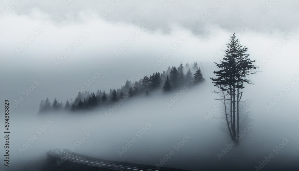 Foggy and minimalist landscape and background with grey color, beautiful park atmosphere, foggy morning in the forest, ai generated