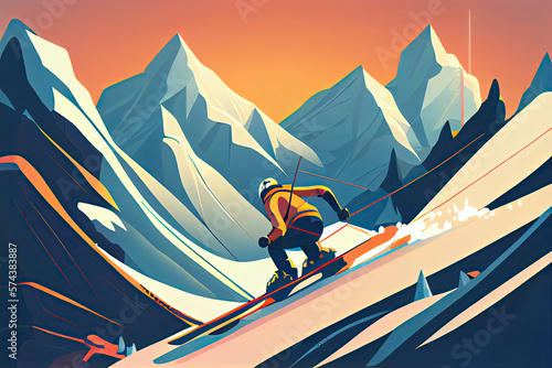 Advanced skier slides near mountain downhill. Sports descent on skis in mountains hills
