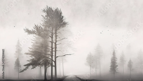Foggy and minimalist landscape and background with grey color  beautiful park atmosphere  foggy morning in the forest  ai generated