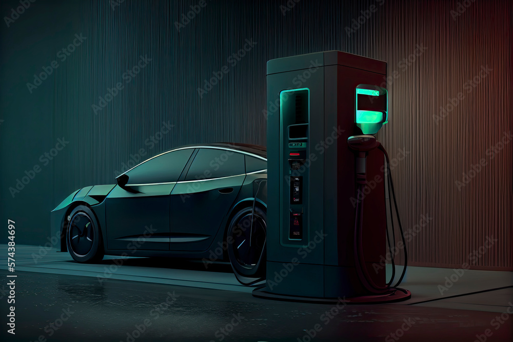Electric car charging in underground garage plugged at home charger station. Battery EV vehicle standing parking Electric car charging in underground garage plugged at home charger station. Battery EV vehicle standing parking
