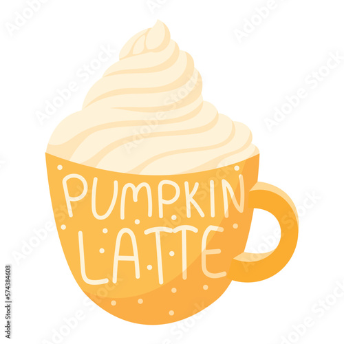 Cup of hot coffee pumpkin latte with cream. Vector isolated cartoon illustration.