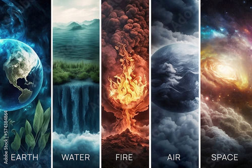 Epic impression 5 elements earth fire air water space, generative ai photo