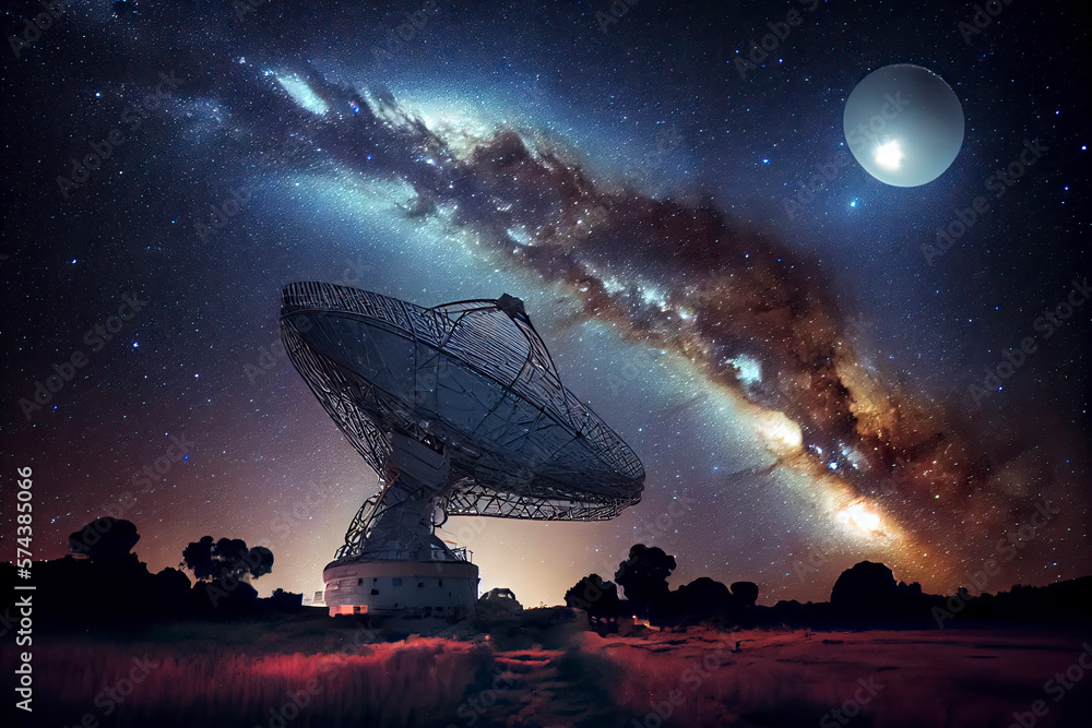 Radio Telescope view at night with milky way in the sky Radio Telescope view at night with milky way in the sky