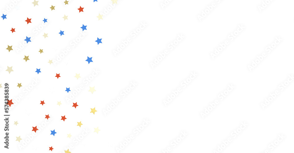 White banner with colorful stars.
