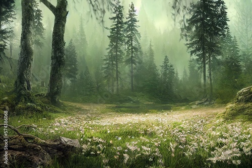 Spring wild forest landscape illustration. Generative AI Fototapet