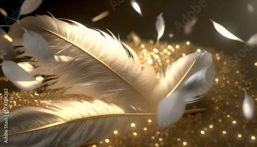 Beautiful golden and white feather closeup isolated on dark background