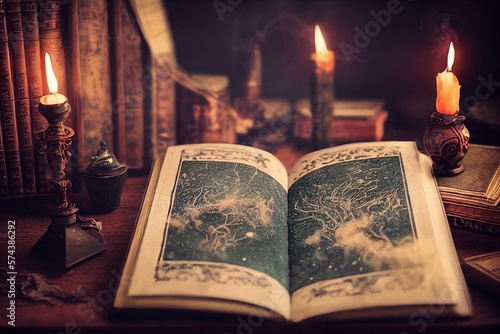 Print op canvas A vintage book of spells with sparkling, magical smoke seeping from its pages