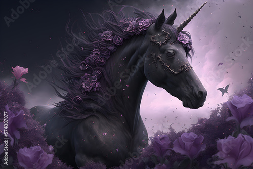 horse in the night  horse in water  black unicorn with purple lights  Generative AI